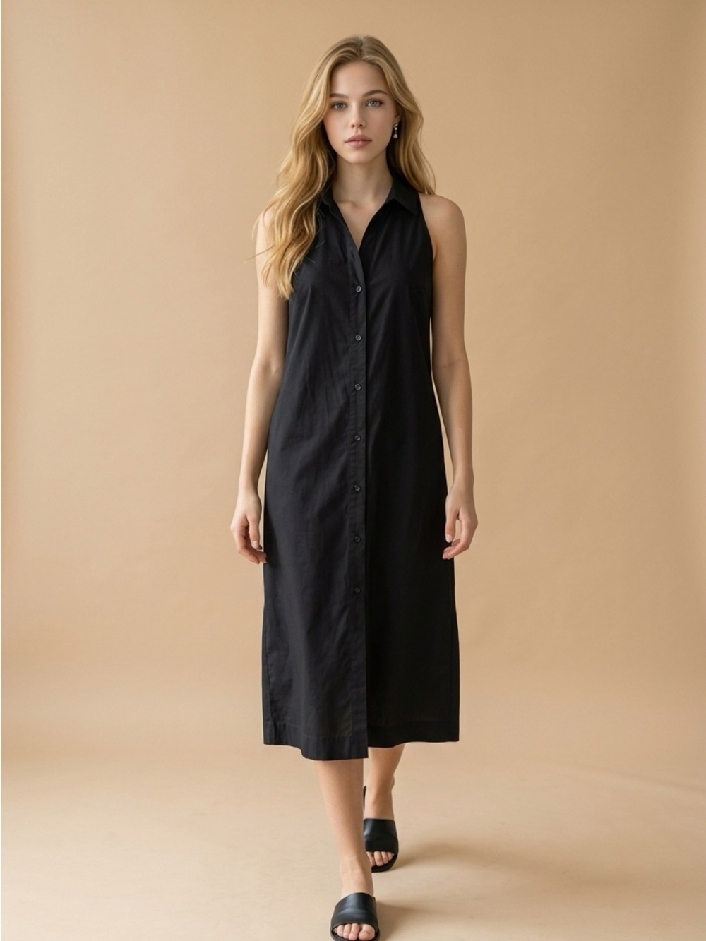 Maeve Black Sleeveless Button-Front Midi Dress